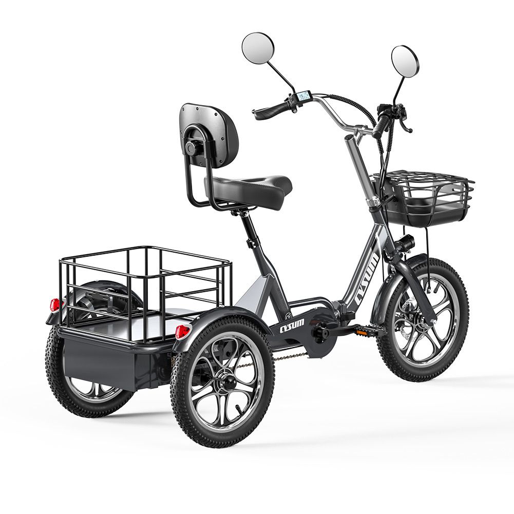 Tricycle cargo gris avec panier, porte-bagages et rétroviseurs. Marque Cysum.