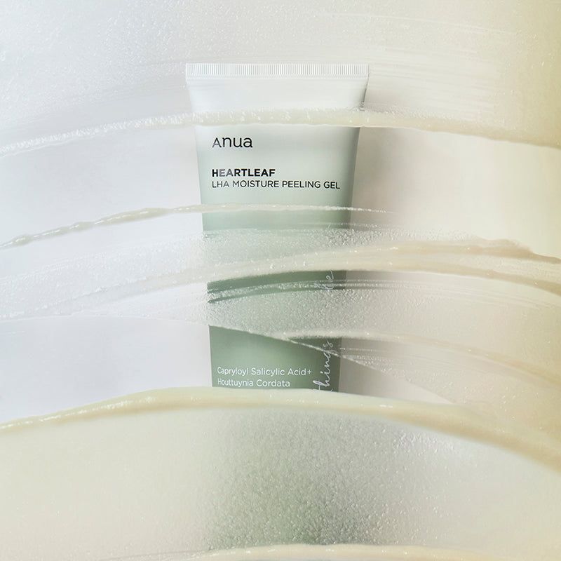 Tube omringd door witte strepen. Opschrift: ANUA, HEARTLEAF LHA MOISTURE PEELING GEL.