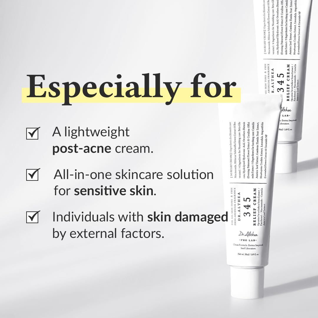 Deux tubes DR.ALTHEA 345 Relief Cream. Texte: Especially for. Trois cases à cocher.