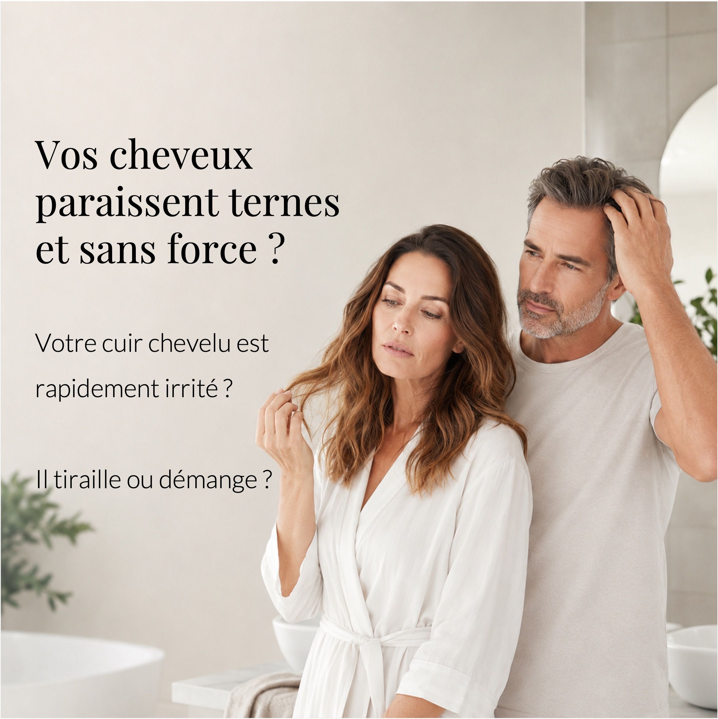 Publicité avec un homme et une femme. L'homme touche les cheveux. Texte.