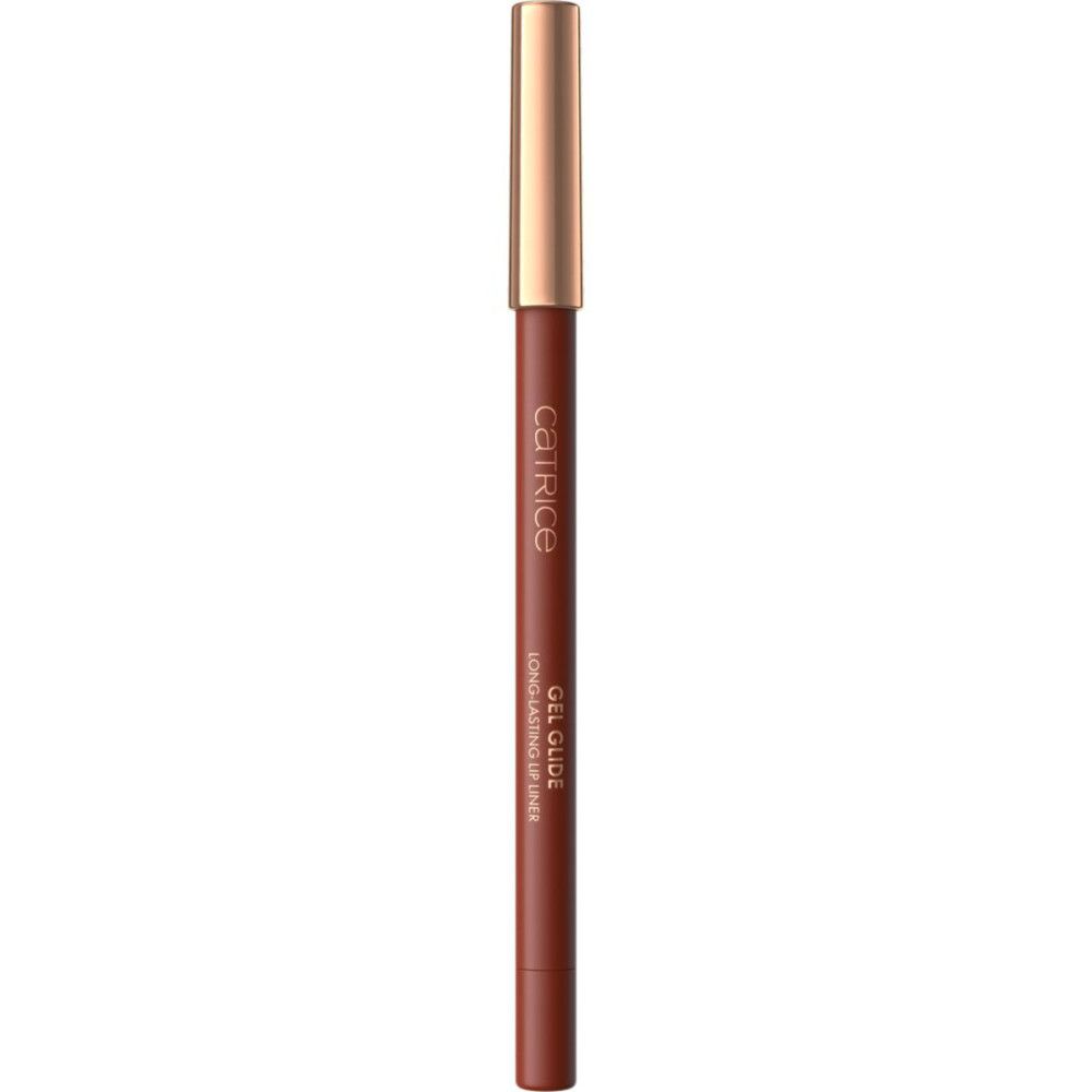 Crayon contour des lèvres avec capuchon doré. Marron. Inscription: Catrice, Gel Glide Long-lasting Lip Liner.