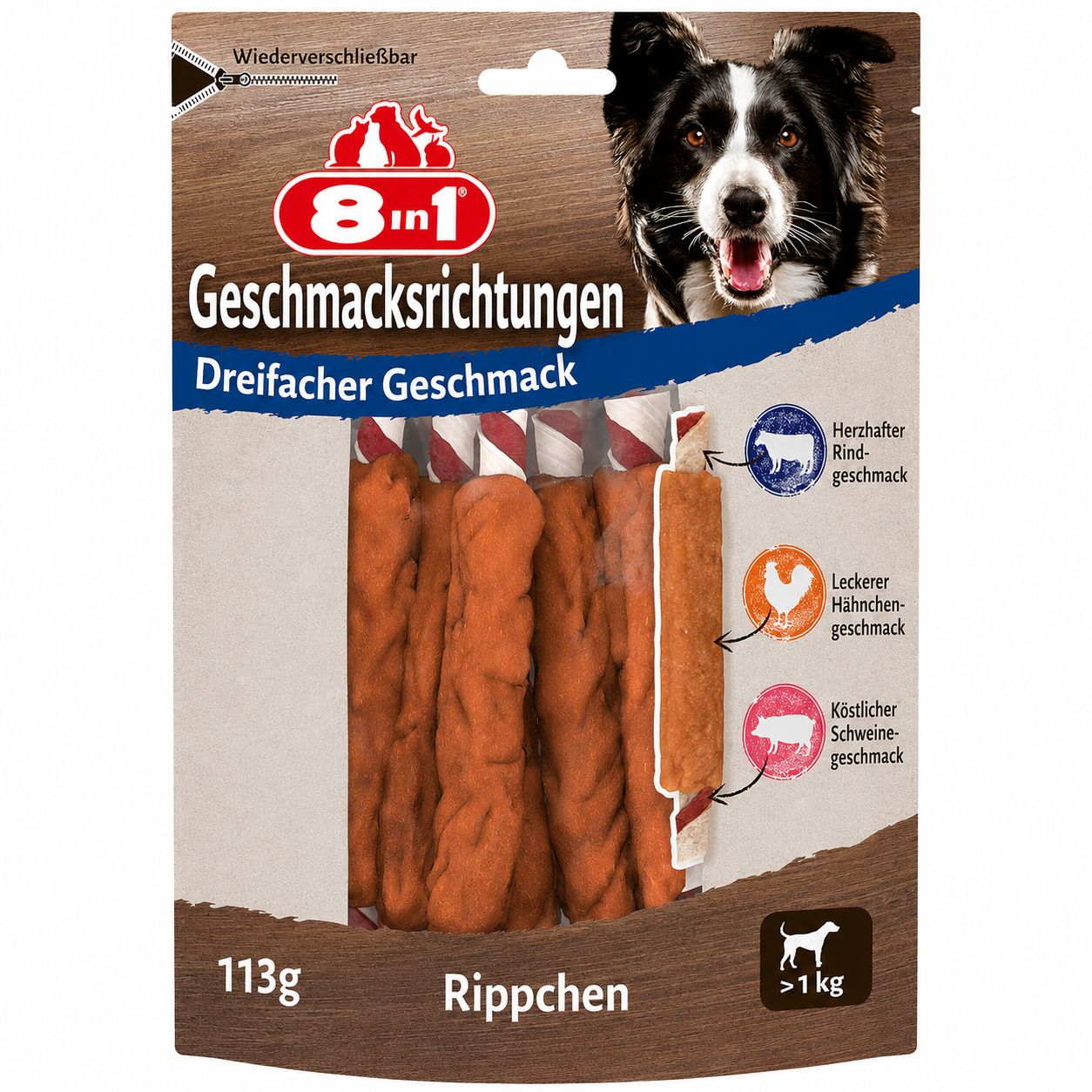 8in1 Triple Flavour Ribs friandises pour chien en multipack, 113g.