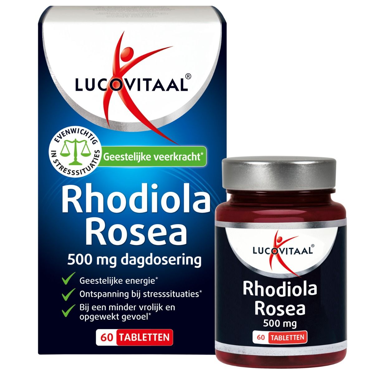 Emballage et flacon 'Rhodiola Rosea'. Boîte bleue avec logo et informations. Flacon de comprimés brun.