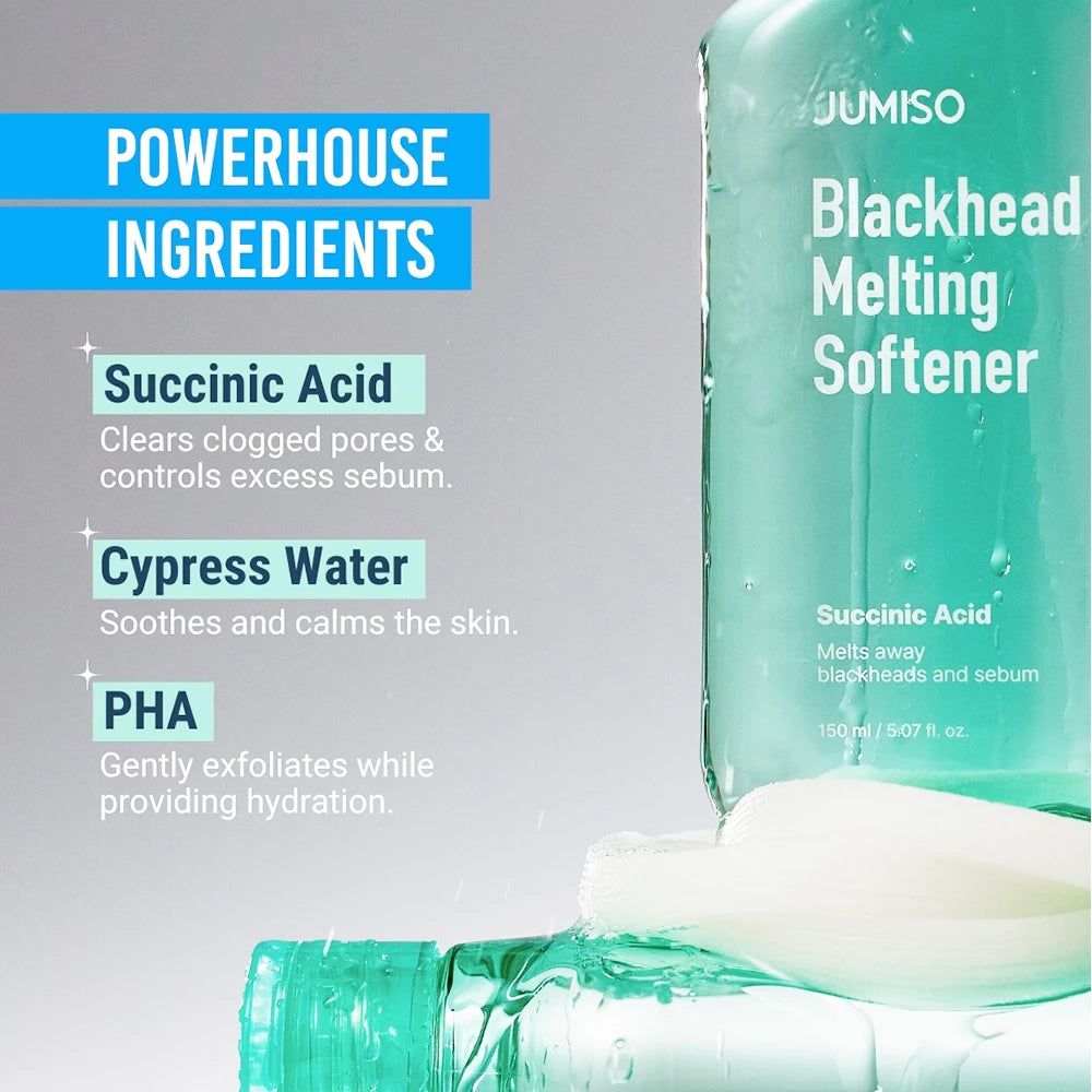 Flacon turquoise avec nom du produit. Texte: Ingrédients: Acide succinique, eau de cyprès, PHA.