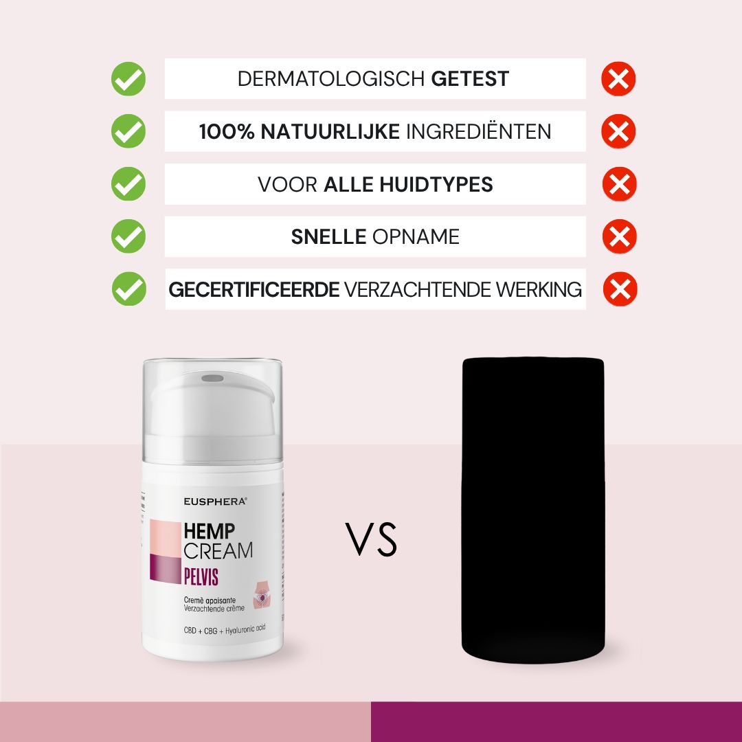 Comparaison : HEMP CREAM PELVIS, flacon blanc, vs. cylindre noir. Texte : Testé dermatologiquement, etc.
