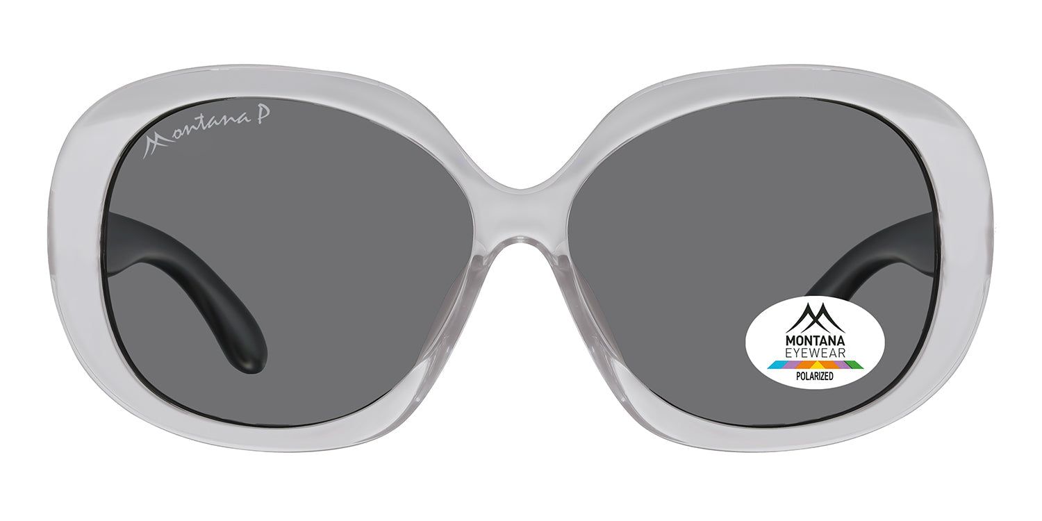 Zonnebril met grijze glazen en een licht montuur. Op één glas zit een sticker met het logo van Montana Eyewear.