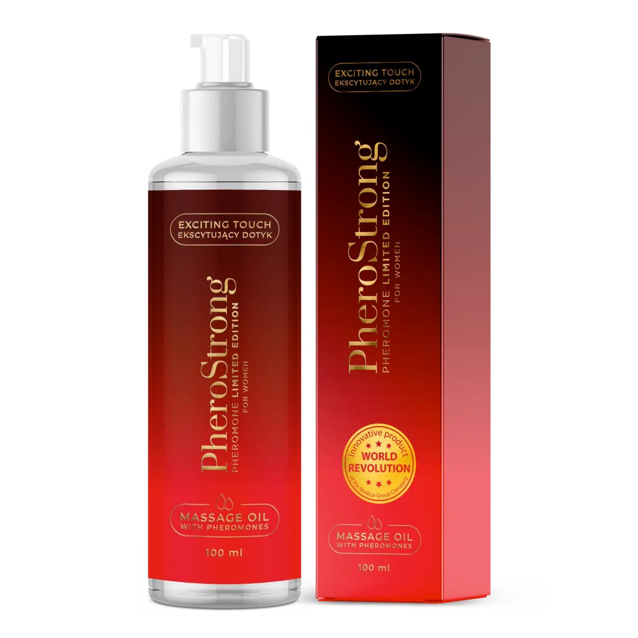 PheroStrong massageolie fles met pompdispenser en omdoos. Bloemige, warme olie met feromonen.
