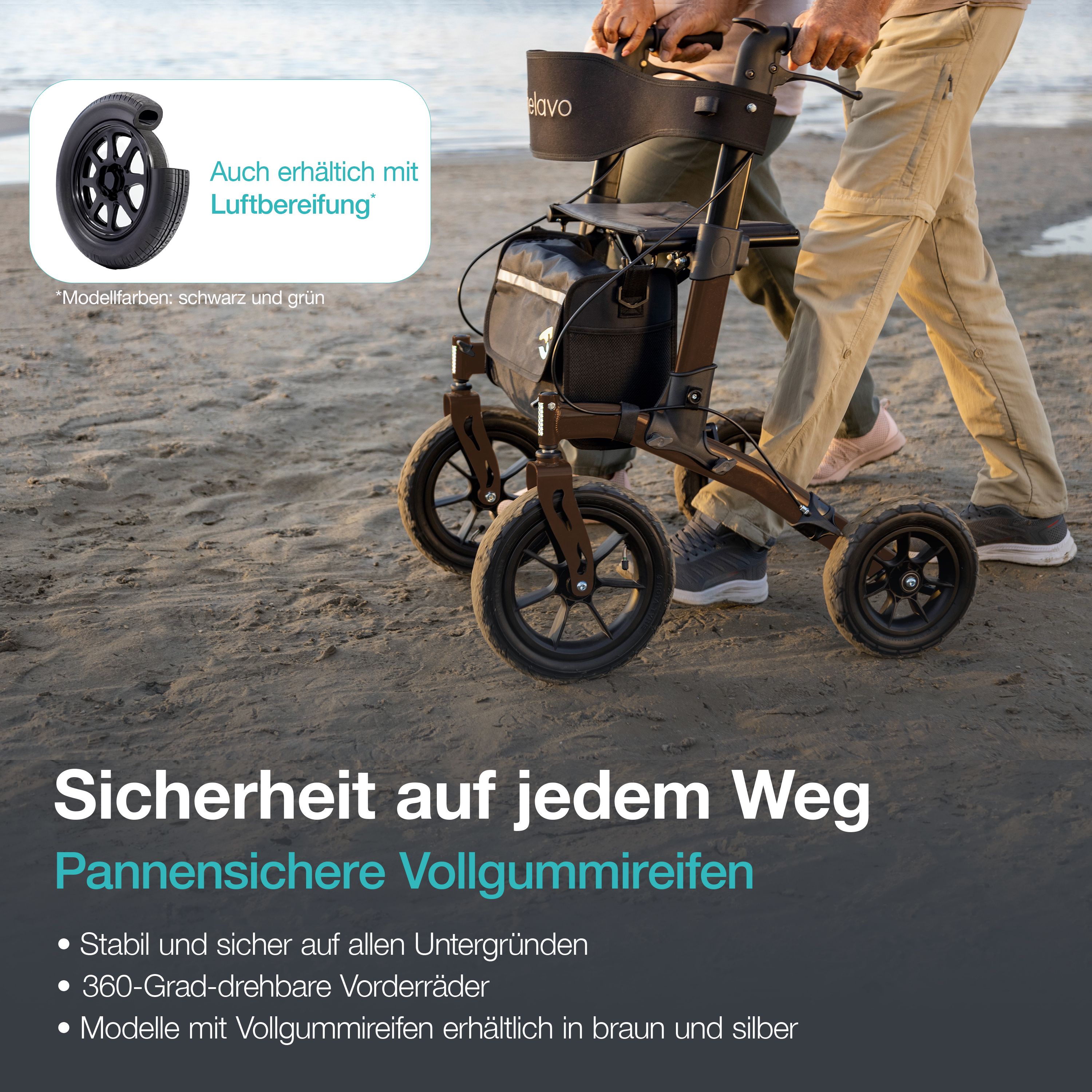 Rollator Helavo avec pneus pleins increvables, roues avant à 360°, sur sable.