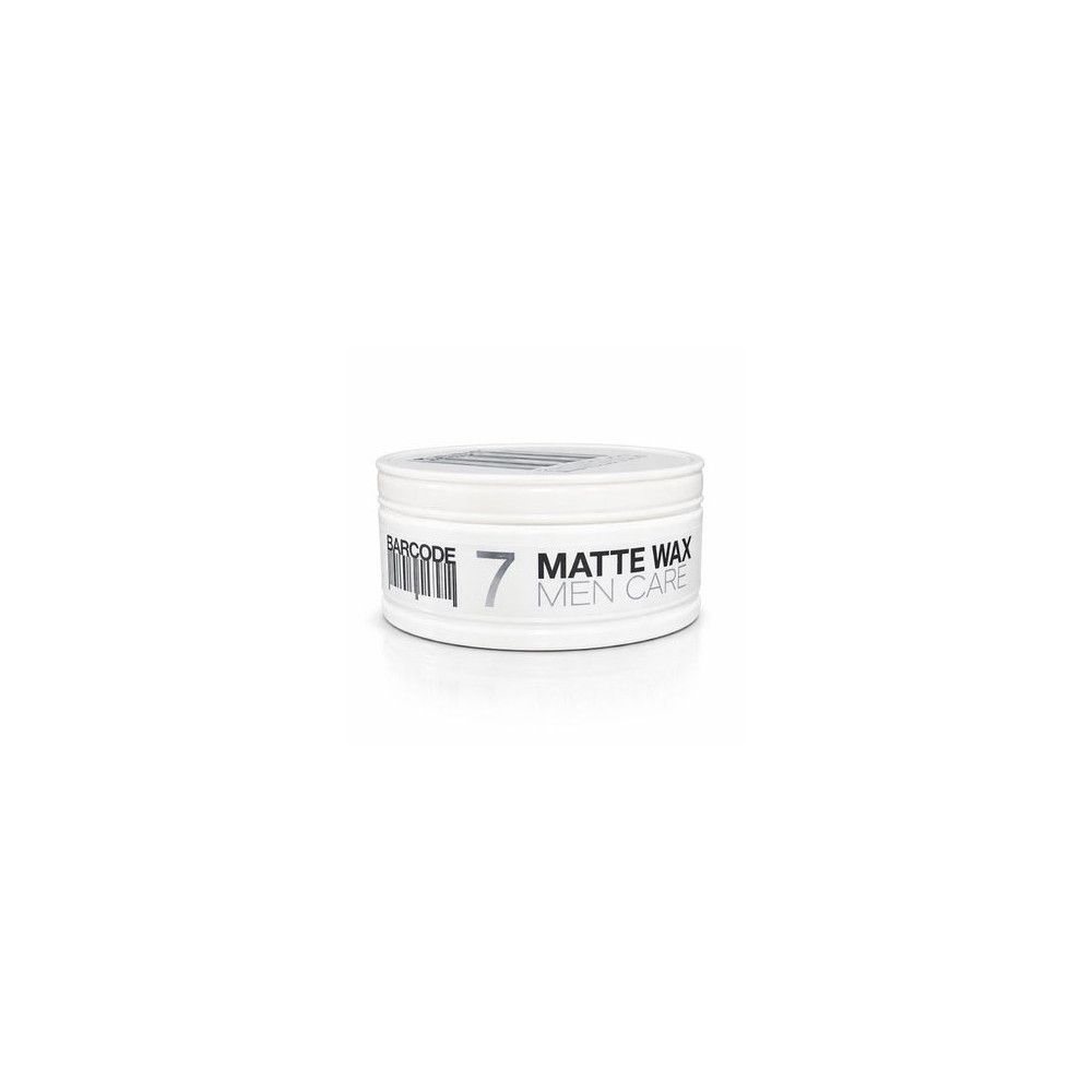 Witte pot met deksel. Opschrift: Barcode, 7, Matte Wax, Men Care. Streepjescode op de zijkant.