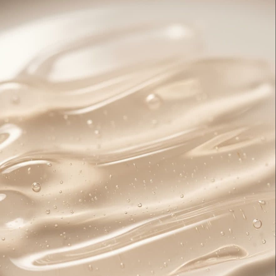 Gros plan d'un liquide translucide jaunâtre avec des bulles. Texture ondulée.