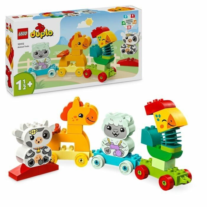 LEGO DUPLO trein met koe, paard, schaap en vogel. Gekleurde blokken op wielen. Verpakking met productnaam en leeftijdsadvies.