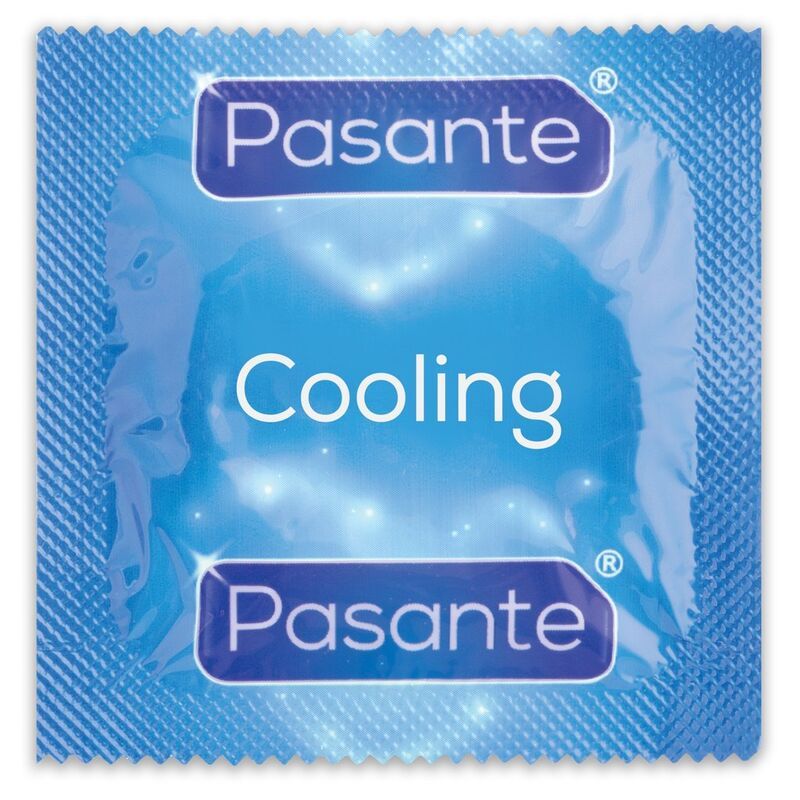 Pasante Sensation condoom: lengte 190mm, breedte 52mm, met symbolen voor vocht, stippen, warmte, kou.