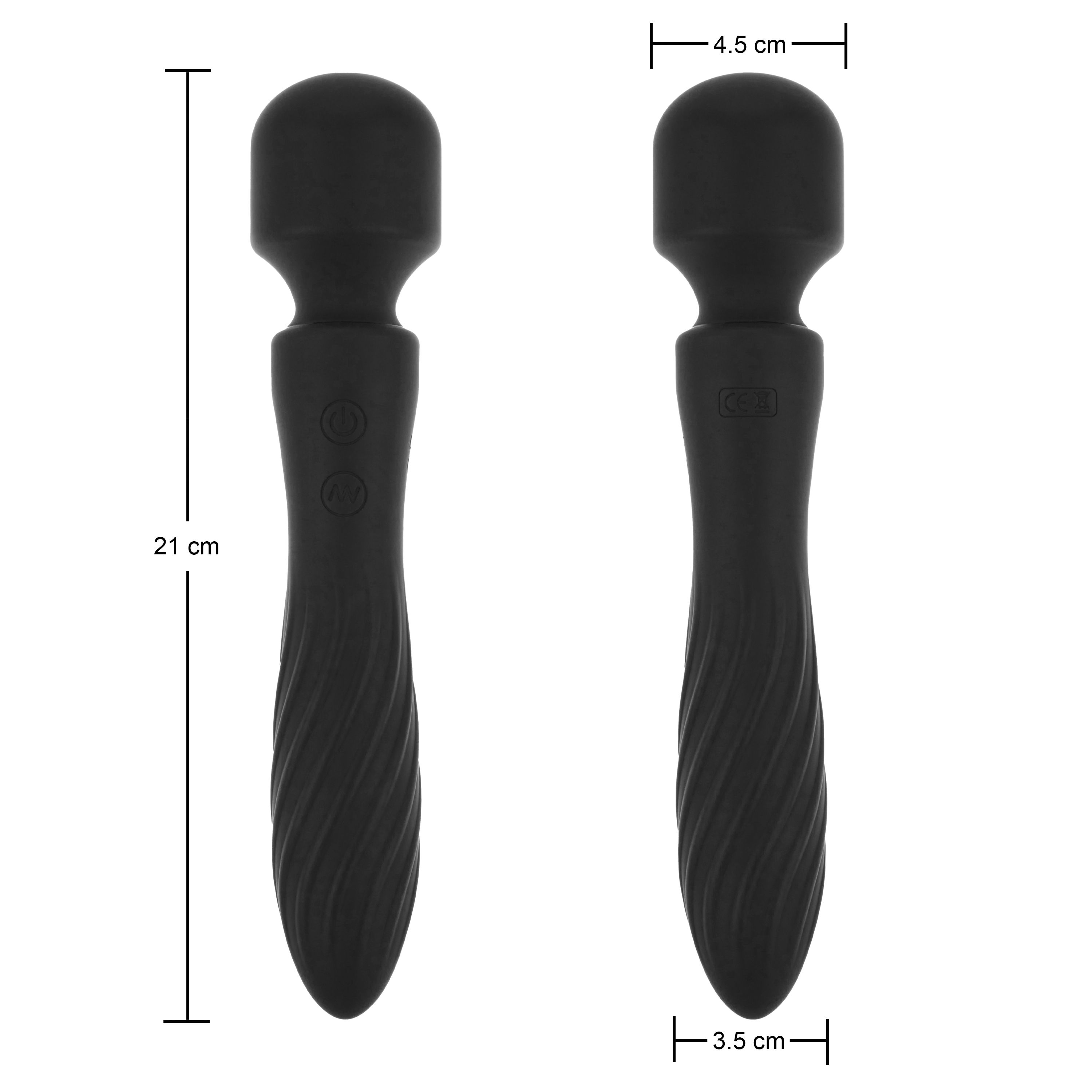 Deux masseurs noirs. Dimensions : 21 cm de long, 4,5 cm de largeur de tête, 3,5 cm de largeur de manche.