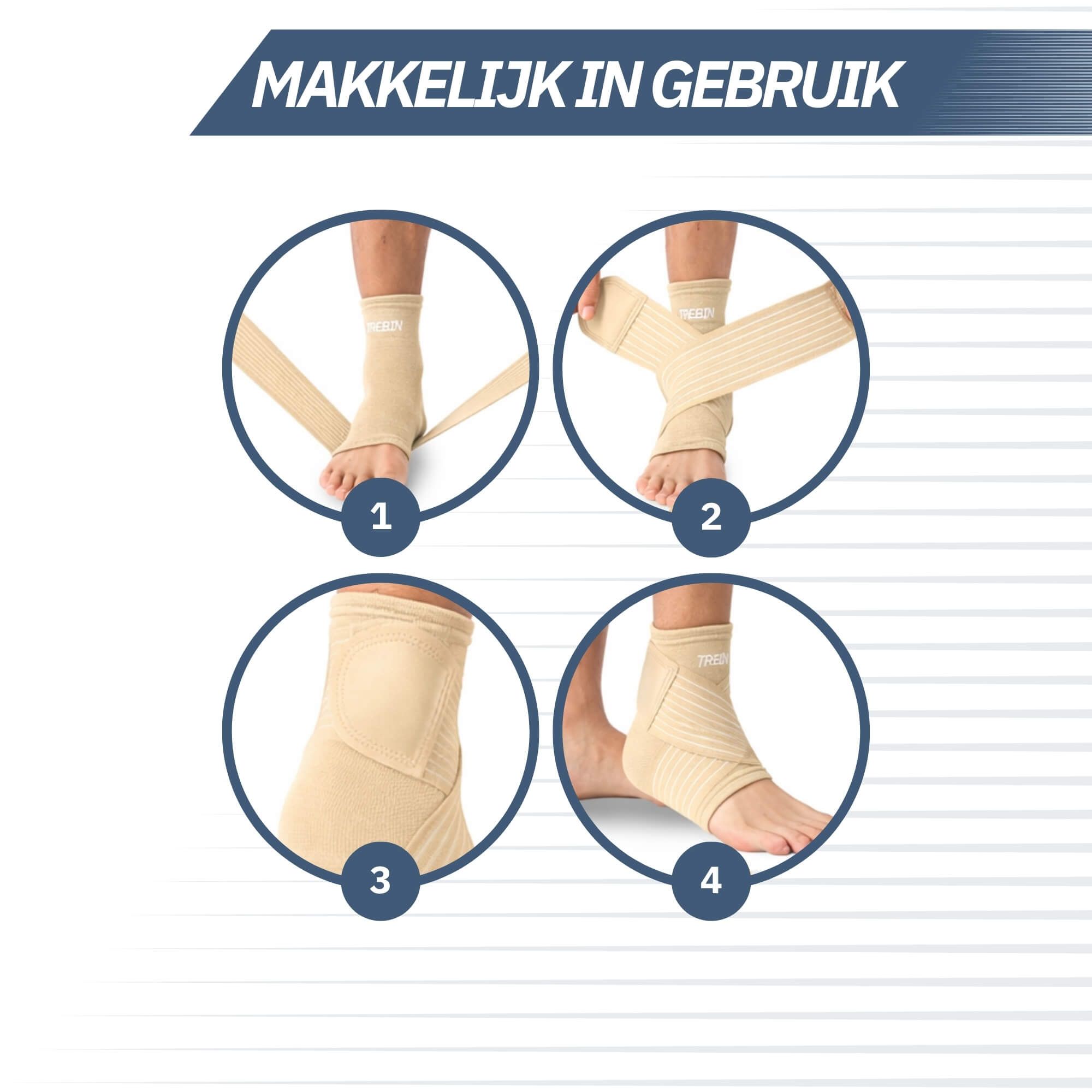 Beige enkelbrace met zijdelingse klittenbandsluitingen en strepen.