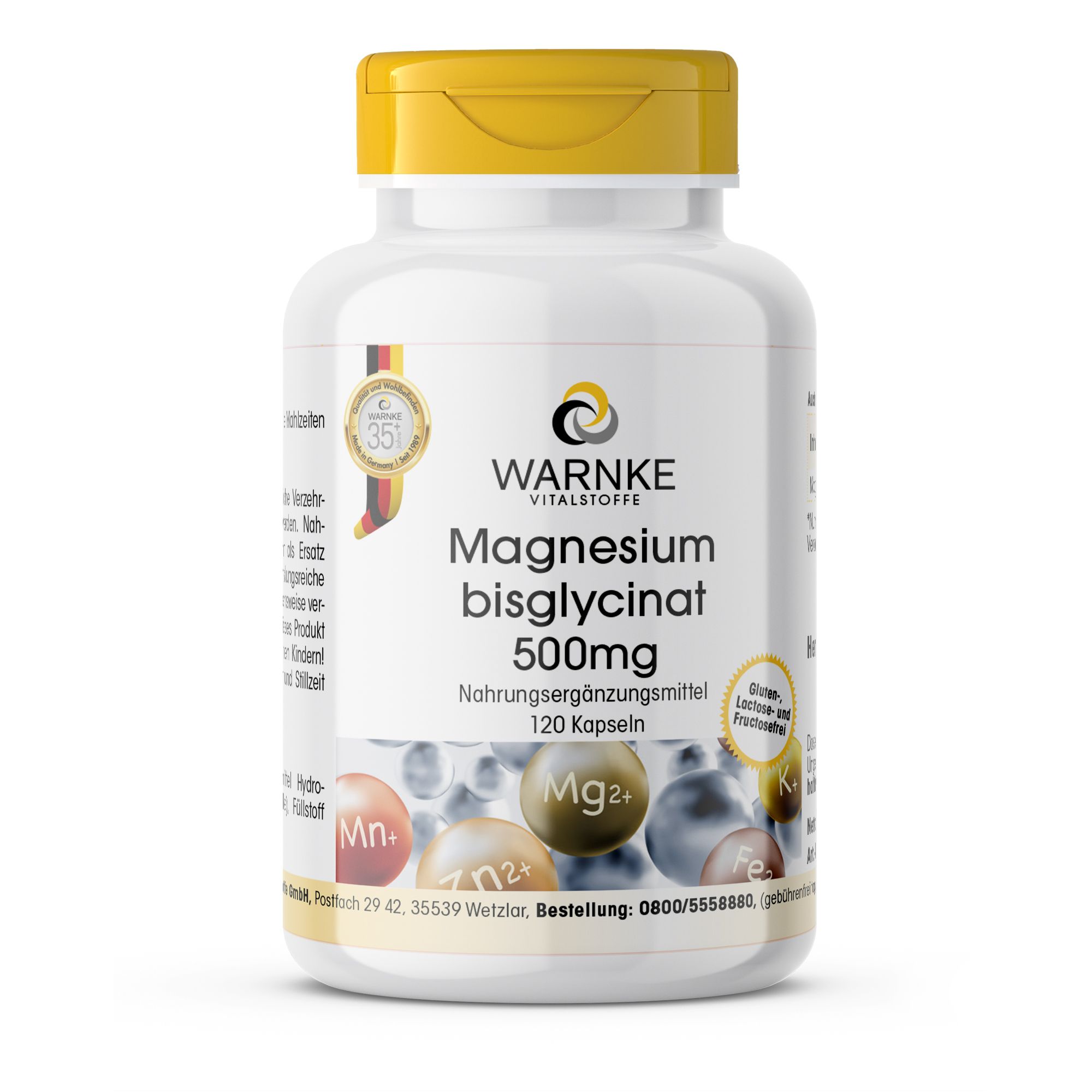 Flacon blanc, bouchon jaune. Inscription: Warnke Vitalstoffe, Magnesium bisglycinat 500mg, 120 gélules. Sceau.