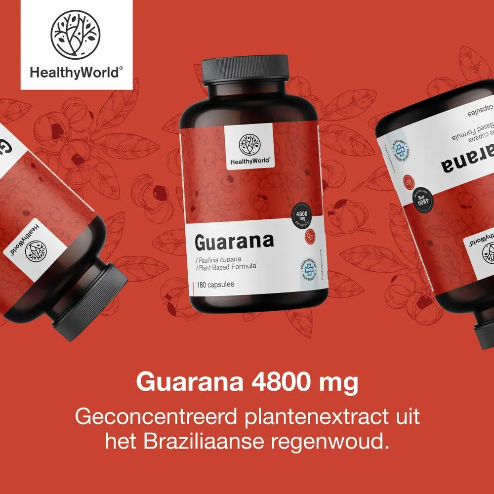 Guarana capsules in flessen. Opschrift: HealthyWorld, Guarana 4800 mg, 180 capsules. Tekst: Geconcentreerd plantenextract.
