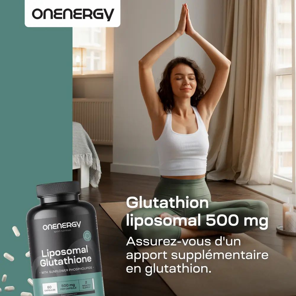Femme en posture de yoga. Flacon avec capsules. Texte: Glutathion liposomale 500 mg. Apport supplémentaire en glutathion.