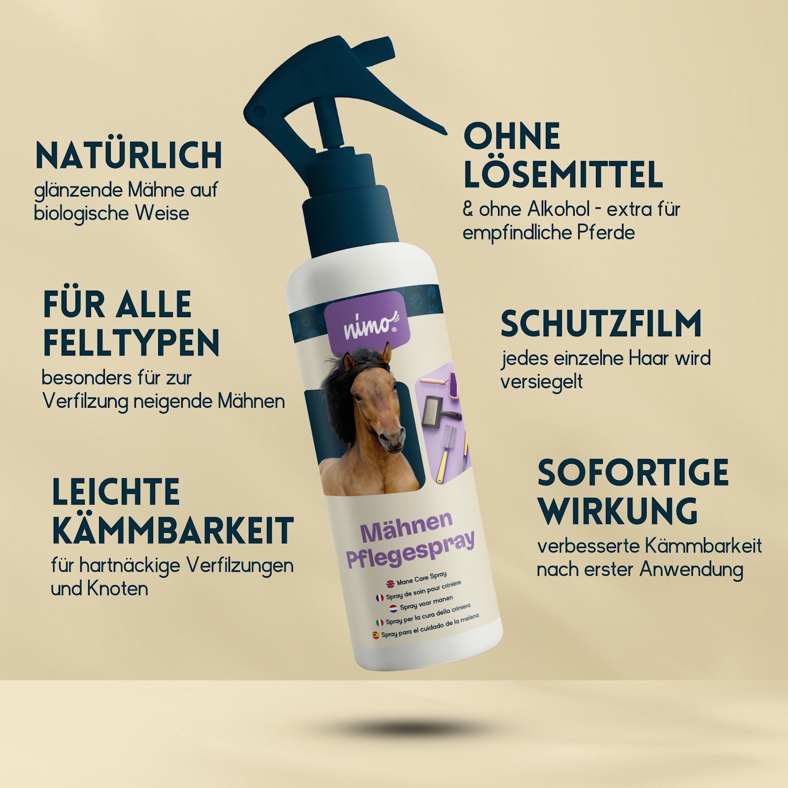 nimo® verzorgingsspray voor manen • voor makkelijker kammen, ontwarren & glanzende manen en staart