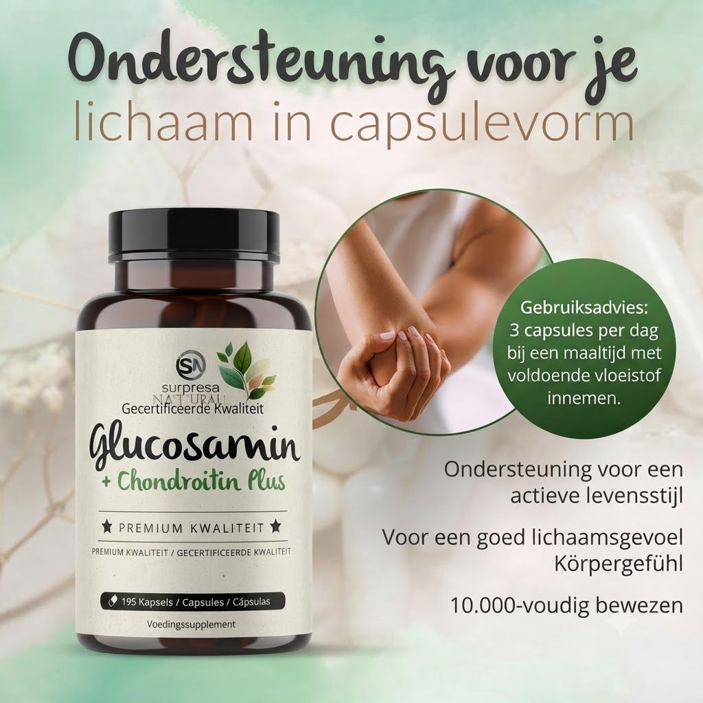 Fles Glucosamine + Chondroitin Plus, 195 capsules. Arm met pijnlijke elleboogplooi.