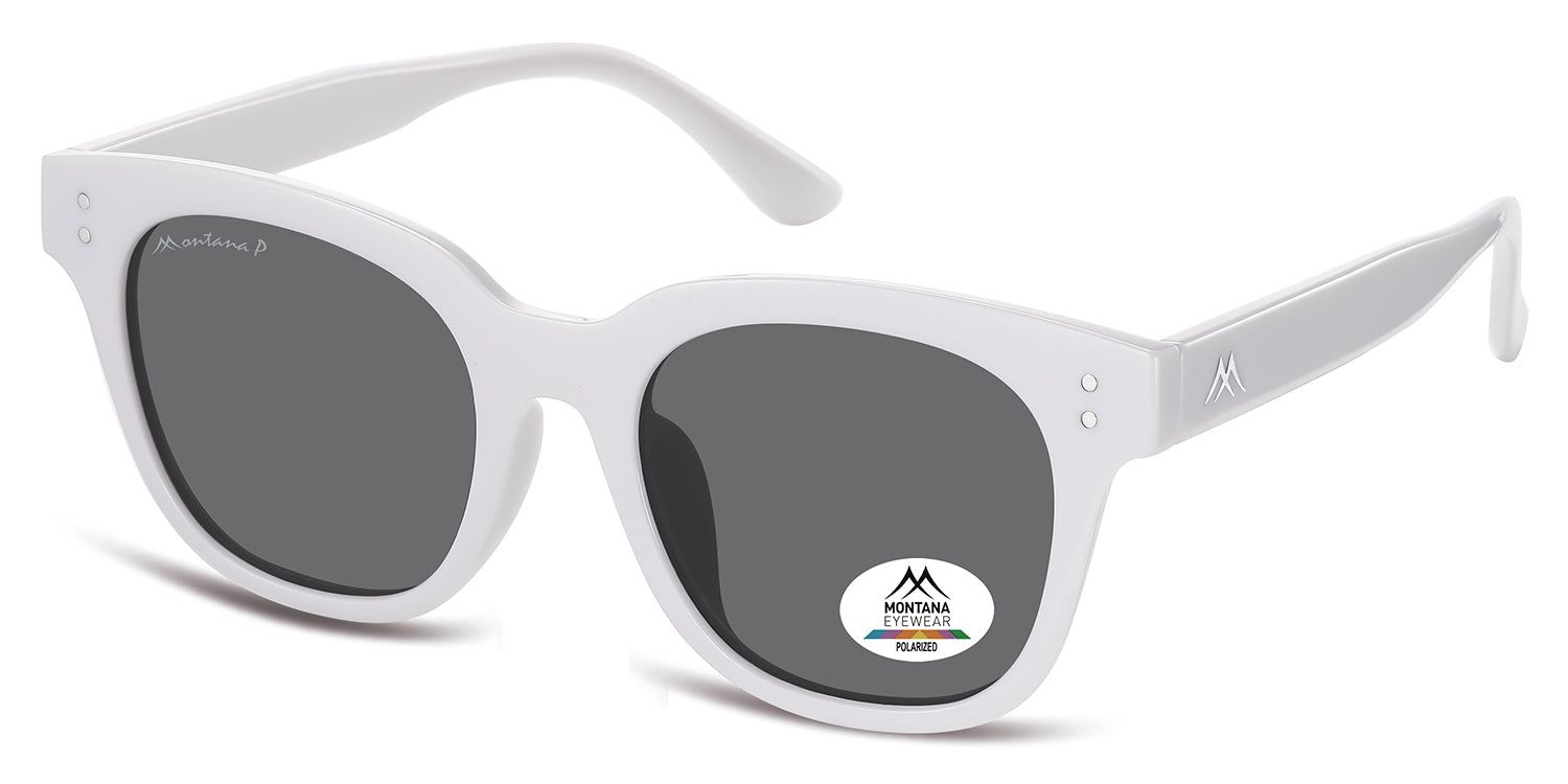 Lunettes de soleil blanches avec verres gris. Logo Montana Eyewear et autocollant de polarisation. Forme carrée.