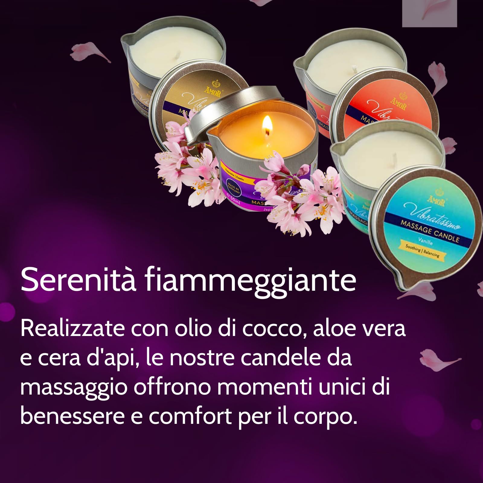 Meerdere Vibratissimo massagekaarsen in blikjes, één brandend, versierd met bloemen.