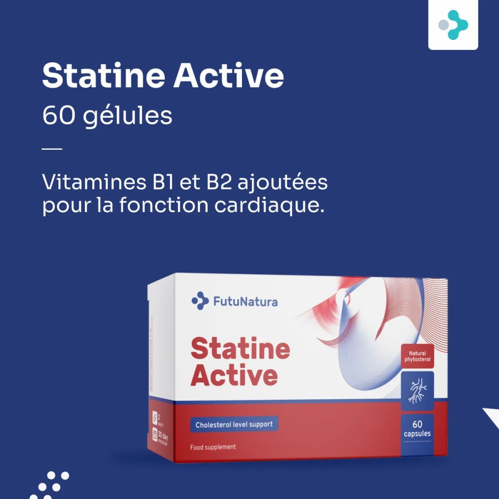 Image publicitaire avec FutuNatura Statine Active. 60 gélules. Forme de cœur en fil rouge. Texte: Réduction du cholestérol.
