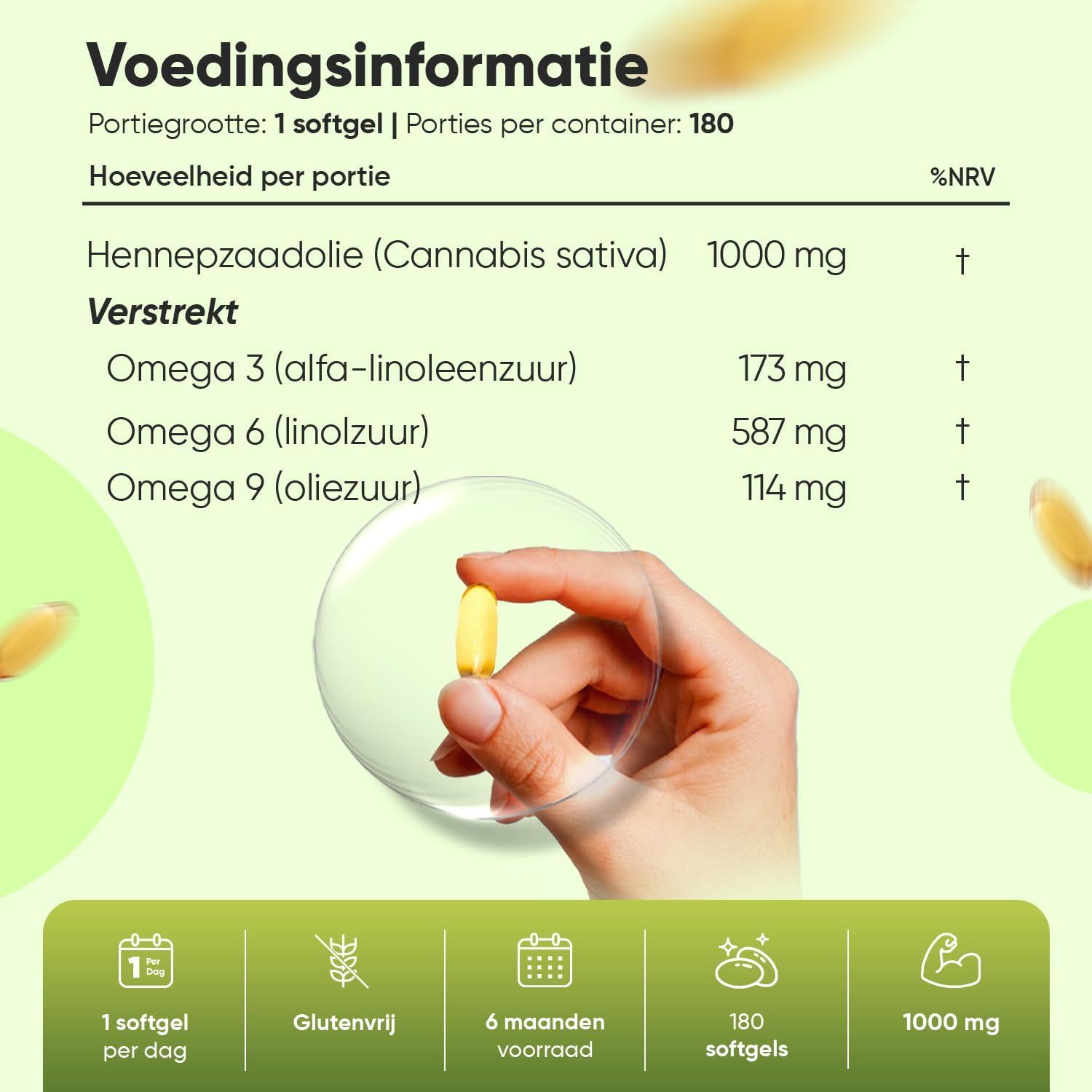 Fles WeightWorld Hennepzaadolie (Vegan) met etiket waarop 180 softgels en 1000mg staat.