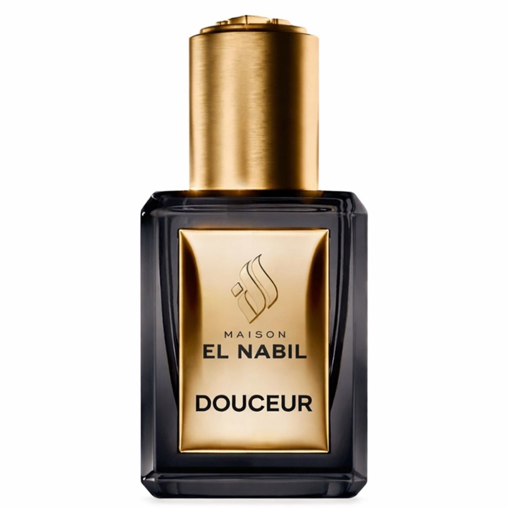 Flacon noir avec bouchon et étiquette dorés. Inscription : EL NABIL, DOUCEUR.