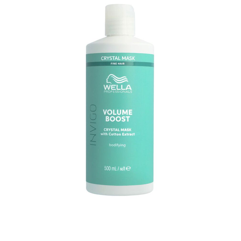 Fles Wella Invigo Volume Boost Crystal Mask. Witte dop. Inhoud: 500 ml. Tekst: Crystal Mask.