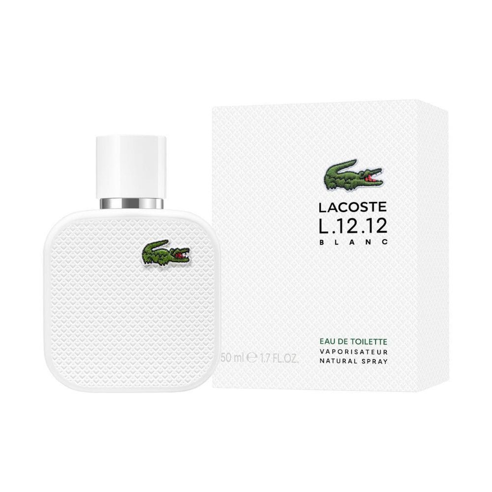 Flacon et emballage blancs. Logo crocodile vert. Inscription : L.12.12 Blanc. 50 ml.