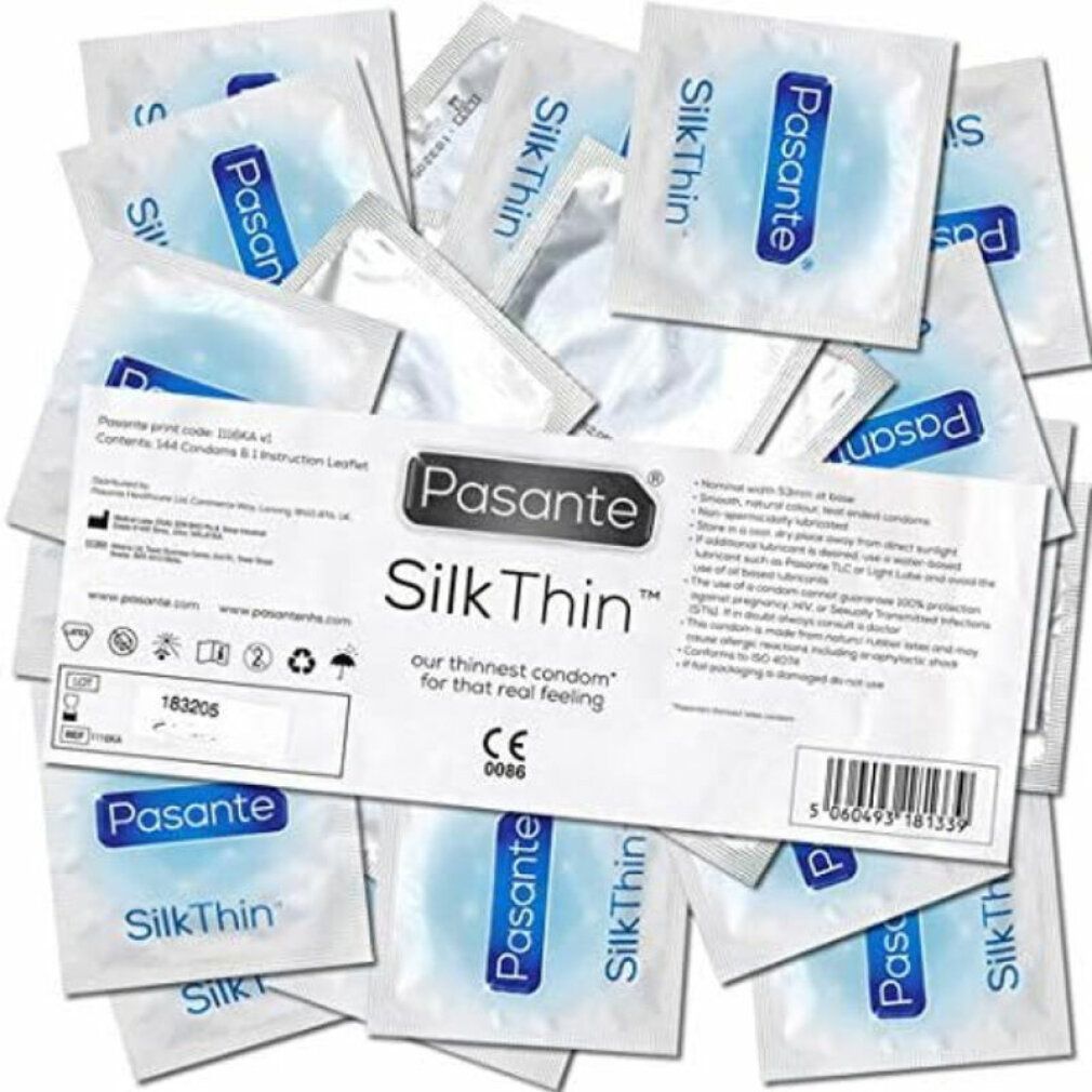 Verpakking van Pasante Silk Thin condooms. Bevat 144 condooms en een bijsluiter. CE-markering.
