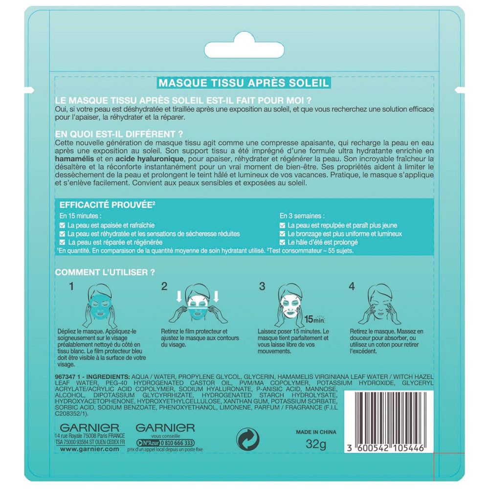Garnier Ambre Solaire tissue mask. Vierkante, lichtblauwe verpakking. Productnaam en logo. Tekst: Après Soleil, 15 minuten. Met toverhazelaar en hyaluronzuur.