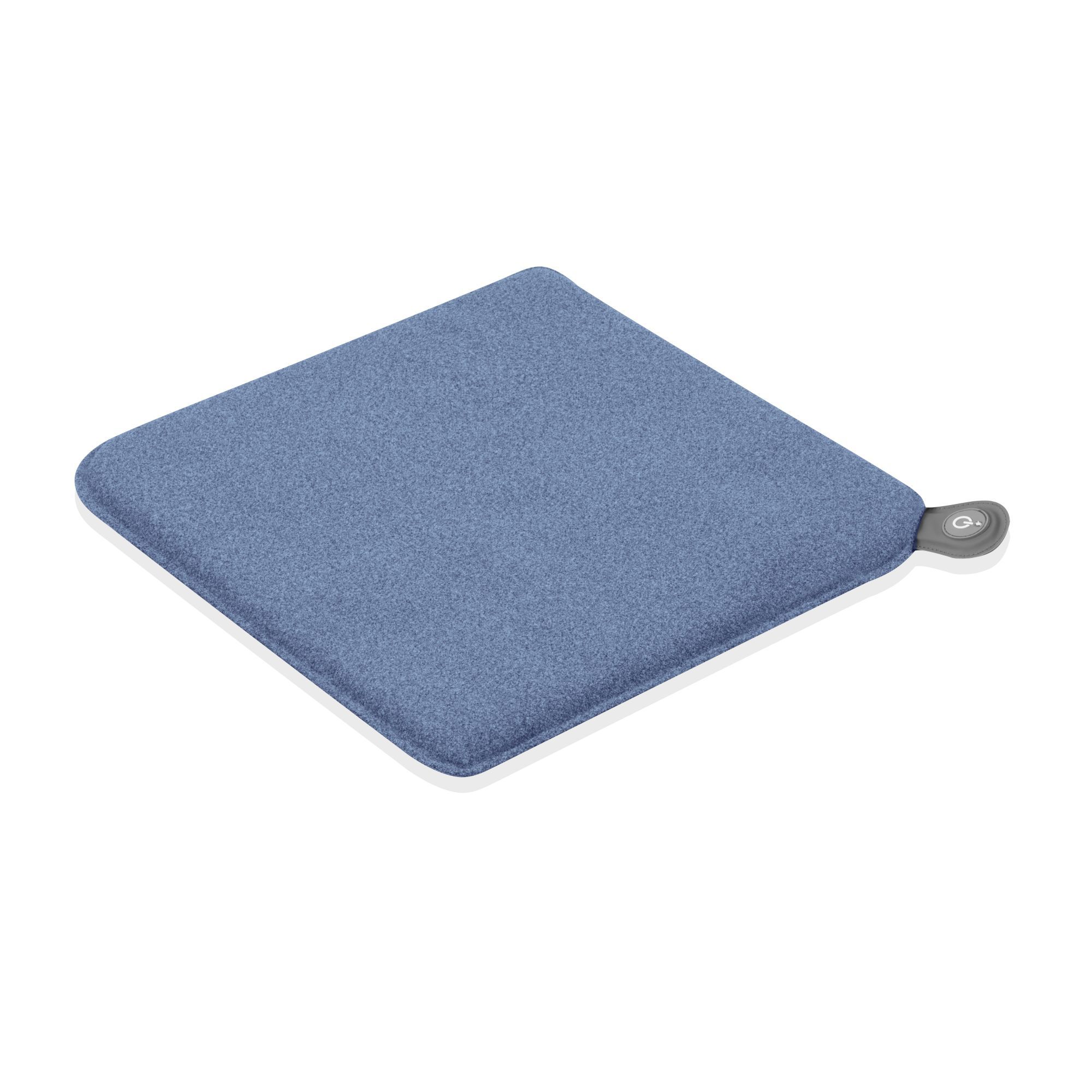 Coussin chauffant bleu, carré, avec surface en feutre et élément de commande gris.