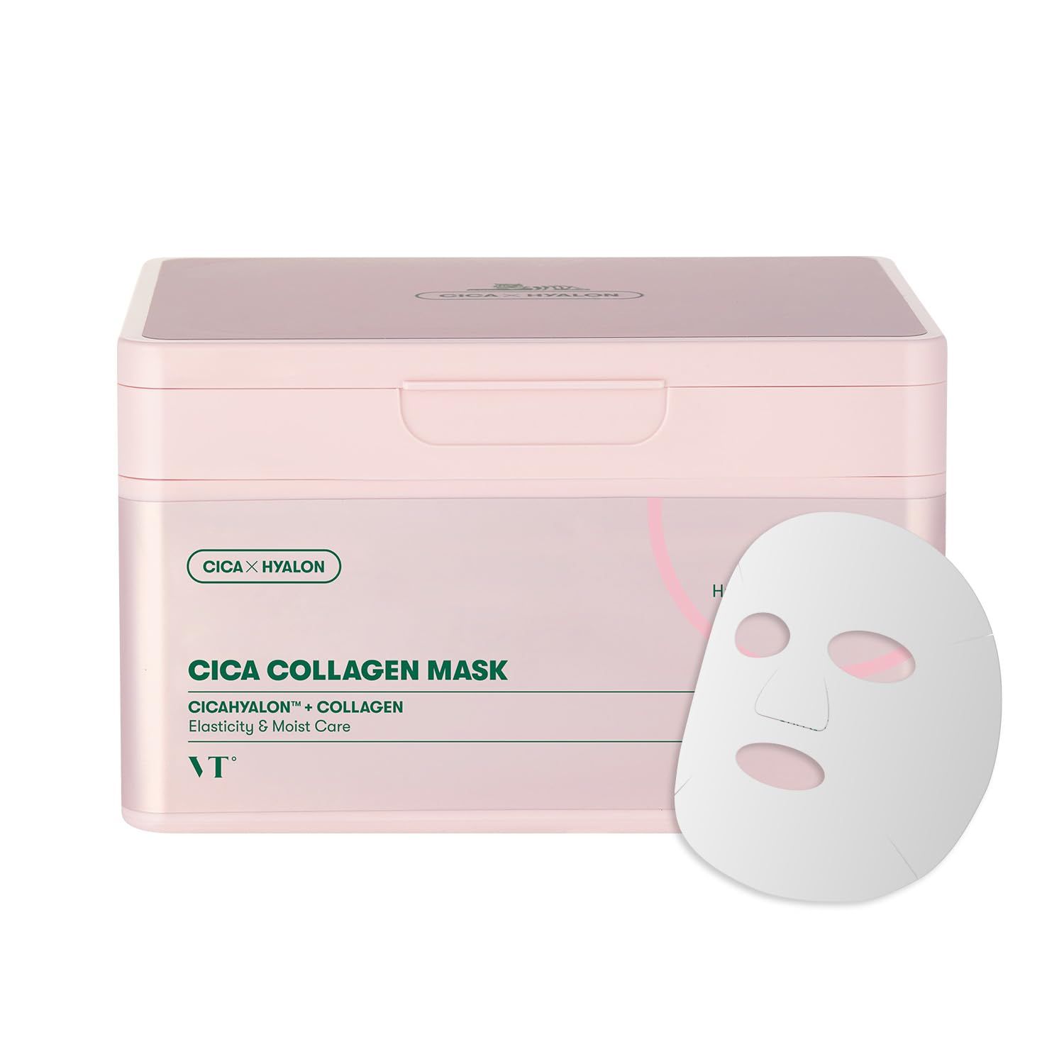 Roze doos met Cica Collagen Mask en een los masker. Opschrift: Cica Collagen Mask.