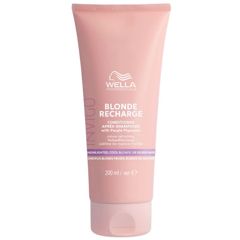 Roze tube Wella Invigo Blonde Recharge. Tekst: Conditioner, met paarse pigmenten. 200 ml.