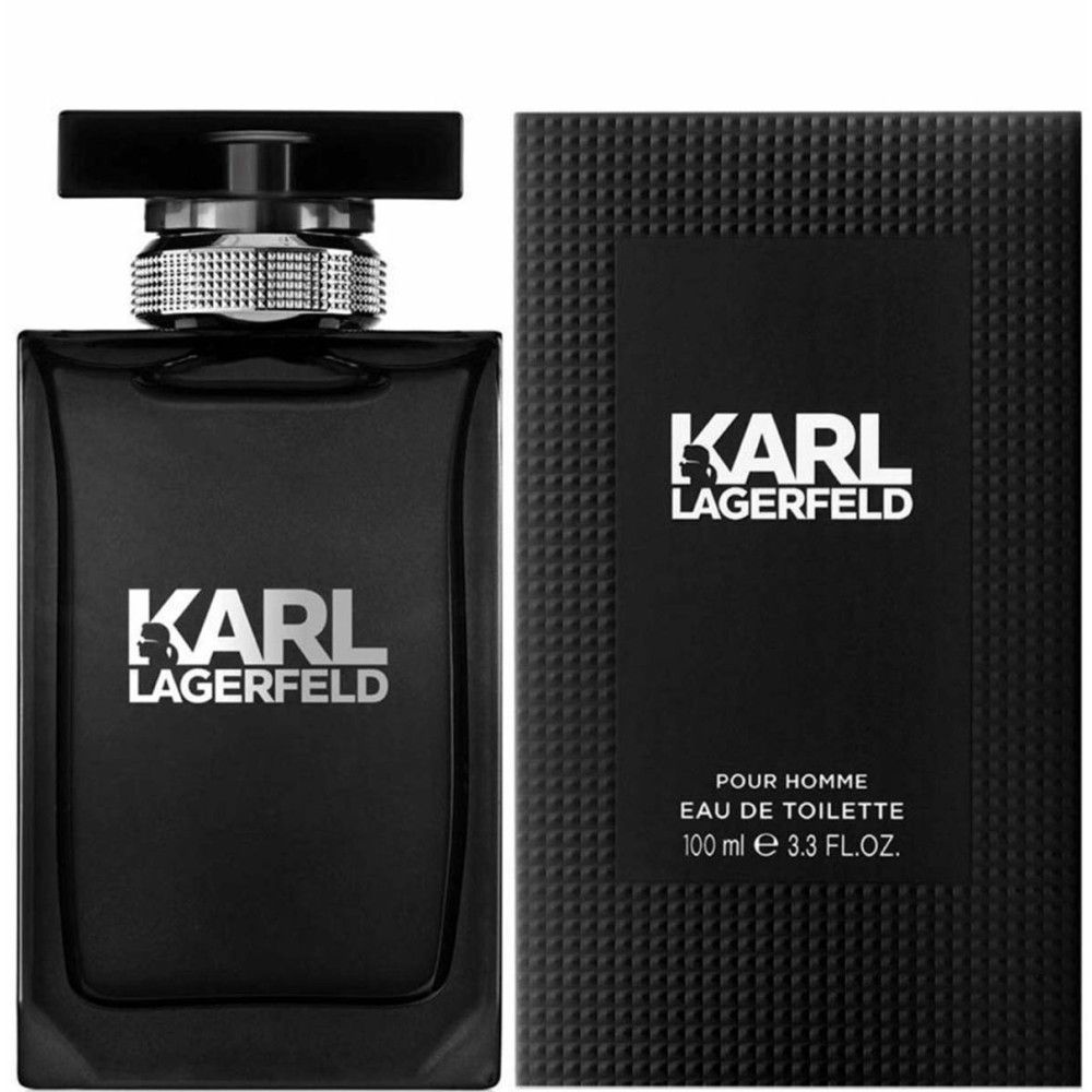 Vaporisateur Eau de Toilette Karl Lagerfeld Pour Homme dans un flacon noir avec détail argenté au col et bouchon noir. À côté, l'emballage noir assorti.