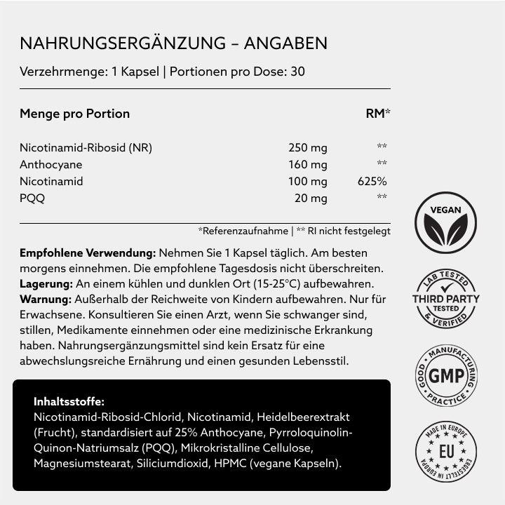 Informations sur les compléments alimentaires. Texte : 1 gélule, 30 portions. Ingrédients. Végétalien, testé en laboratoire, GMP, Fabriqué en Europe.