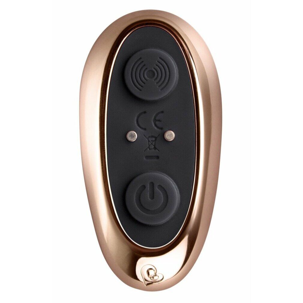 Télécommande or rose avec deux boutons noirs et marquage CE.
