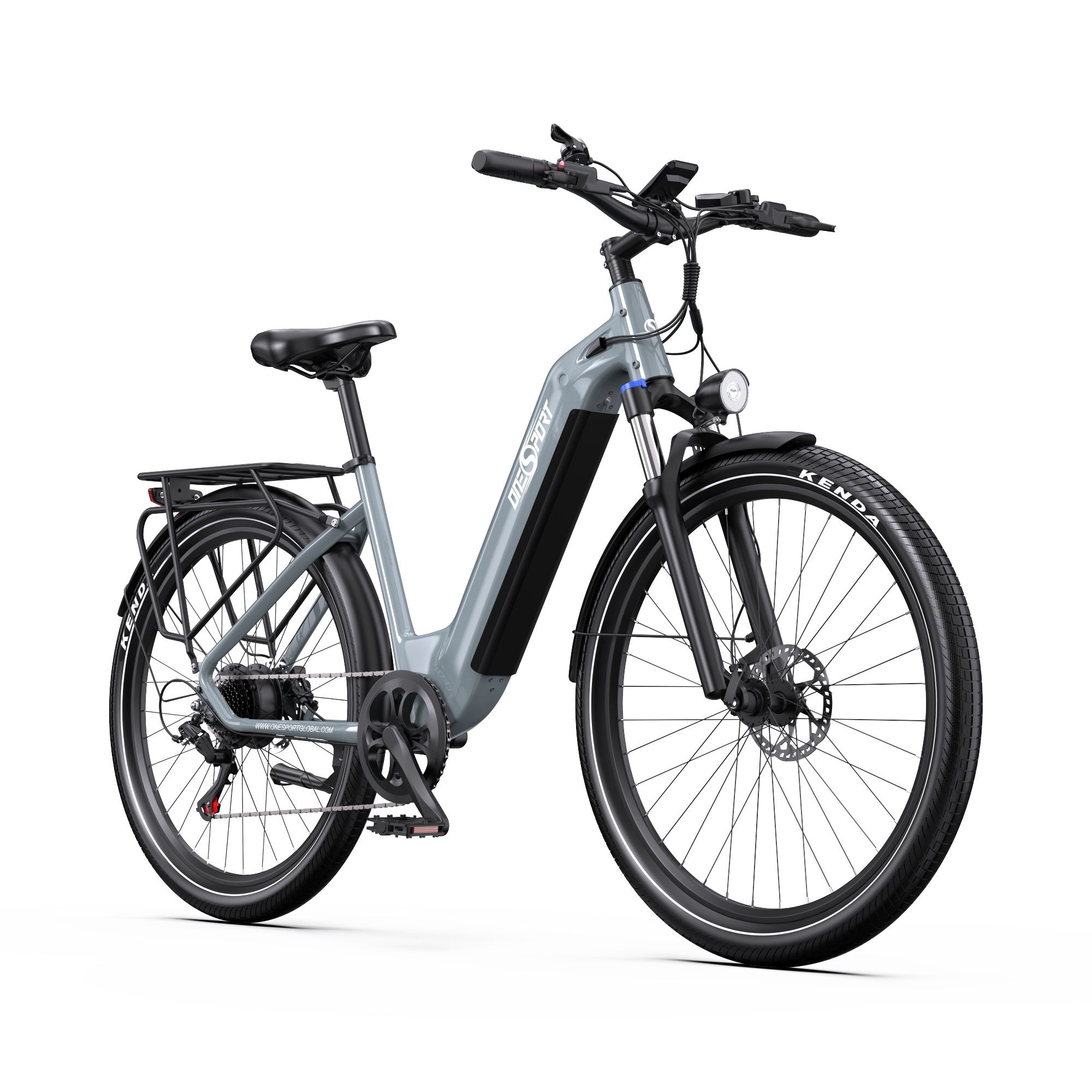 Vélo électrique gris avec porte-bagages, selle et pneus noirs. Marque ONESPORT visible.