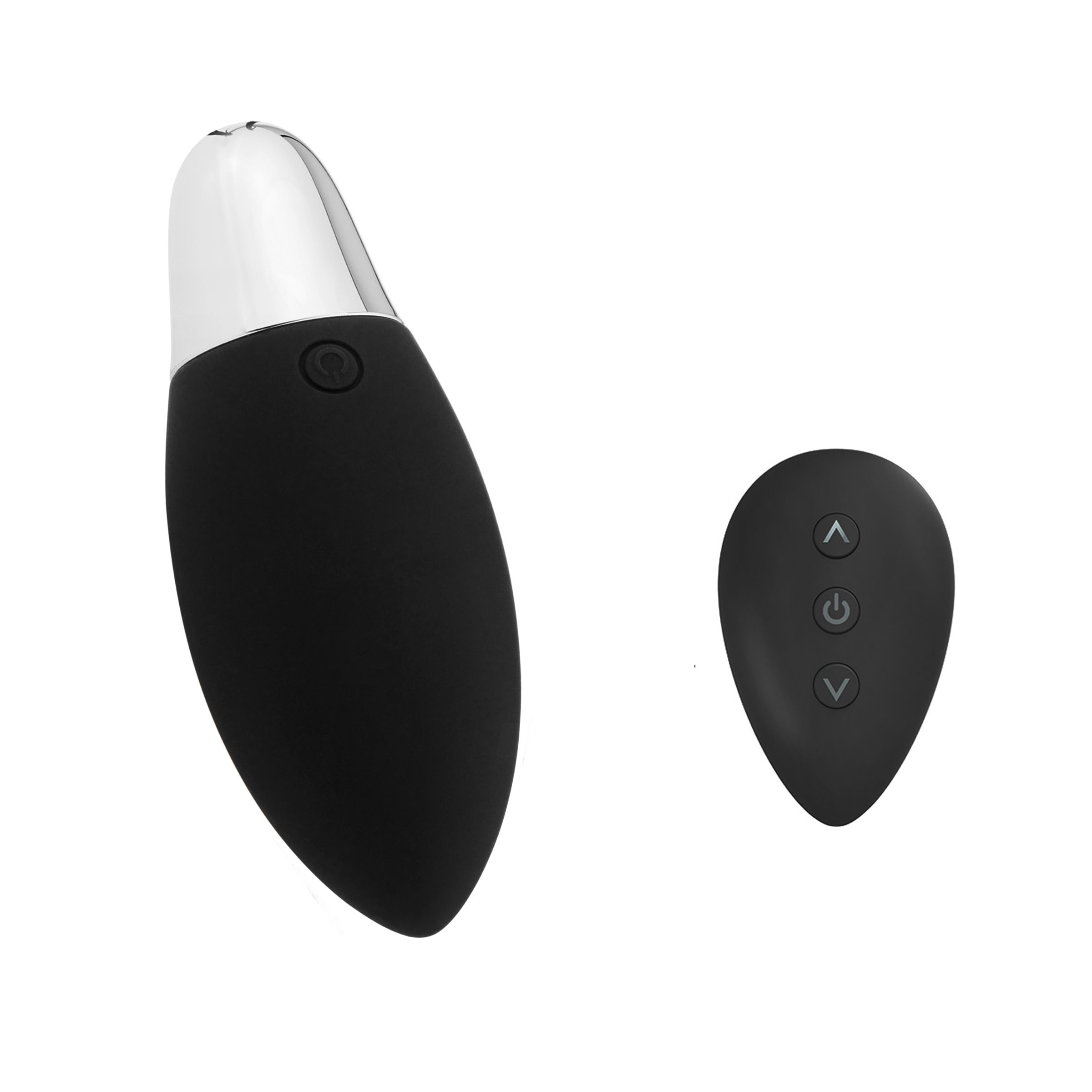 Produit noir ovale avec tête argentée et télécommande ovale séparée à trois boutons. Bouton marche/arrêt visible.