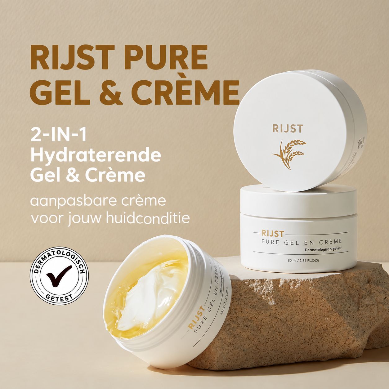 Twee witte potjes met rijstlogo, één geopend en gevuld met geel-witte crème. "Dermatologisch getest"-zegel.