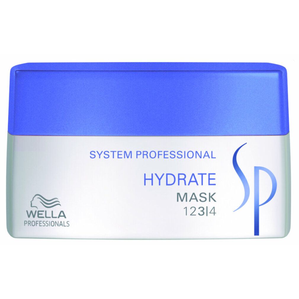 Wit en blauw potje. Opschrift: Hydrate Mask, Wella Professionals logo, SP logo.