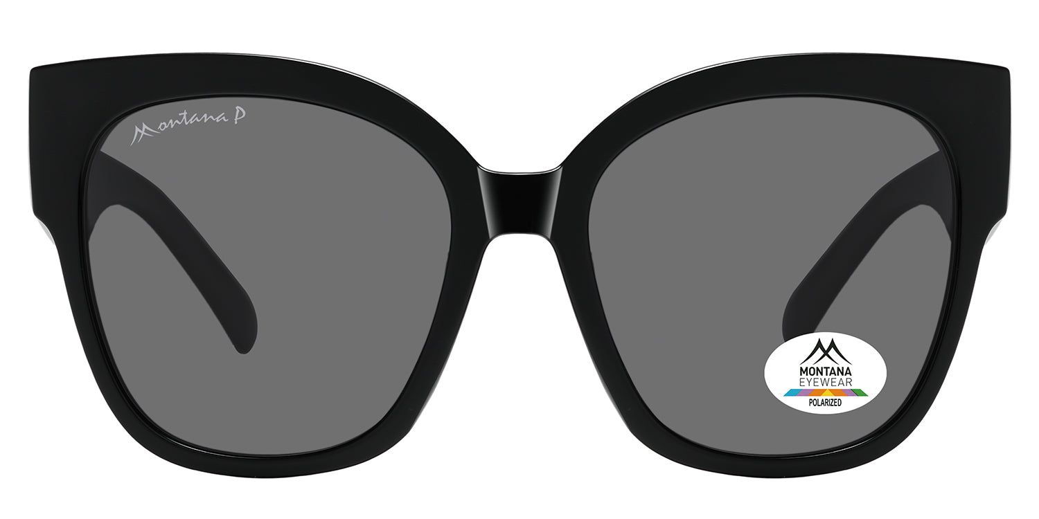 Zwarte zonnebril met grijze glazen. Montana Eyewear logo op de poot en het glas. Gepolariseerde glazen.
