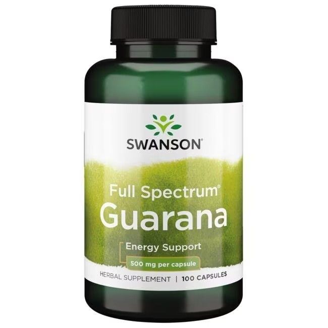 Bouteille verte de capsules de Guarana SWANSON, 500 mg par capsule, 100 capsules.