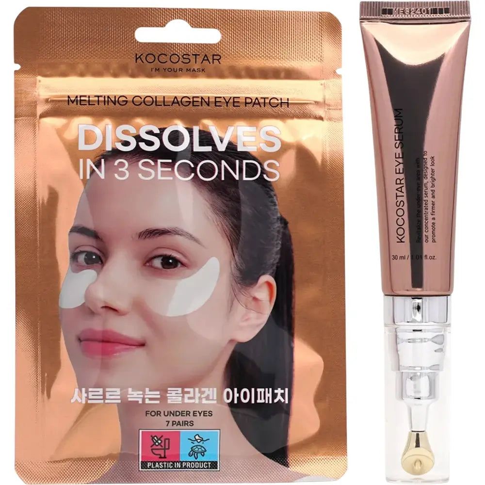 KOCOSTAR Ultimate Care Solution voor de ogen. Verpakking met oogpatches en serum. Patches op gezicht, serum in tube. Tekst: "Dissolves in 3 seconds".
