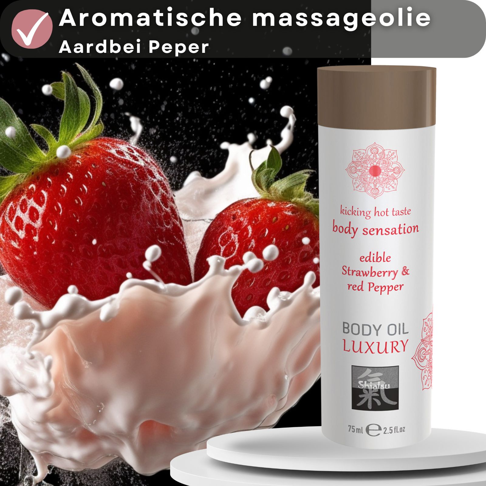 Fles Shiatsu Body Oil Luxury met aardbei- en rode peper smaak.