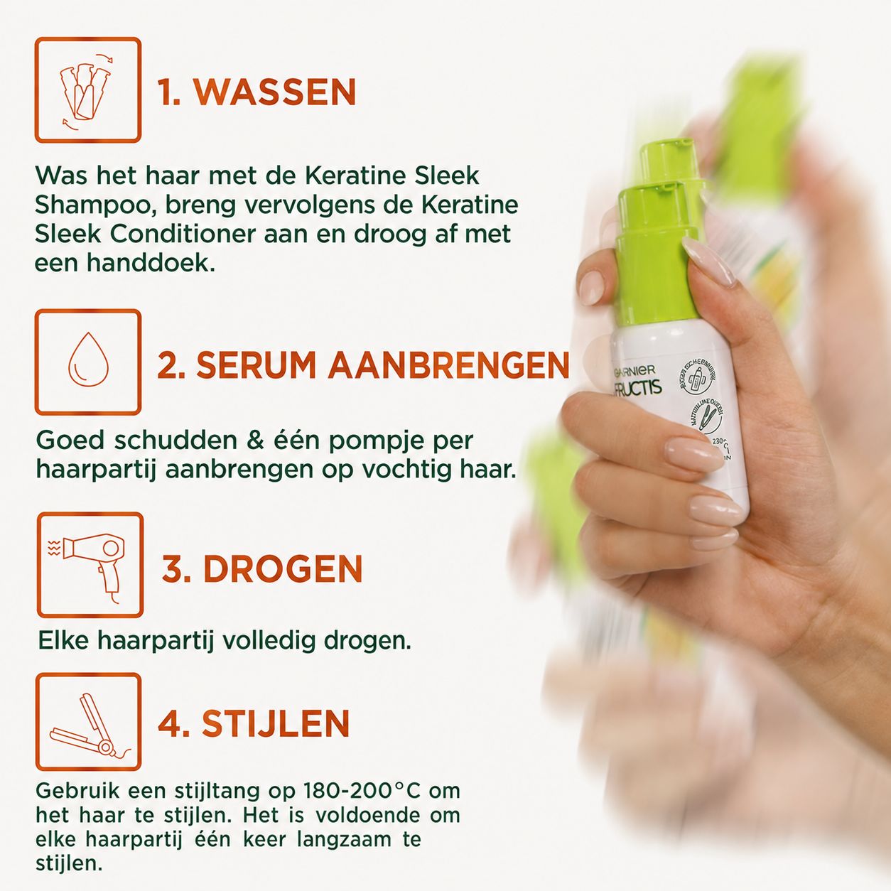Fles Garnier Fructis Sleek & Stay serum in een hand, belovend de ultieme sleek look.