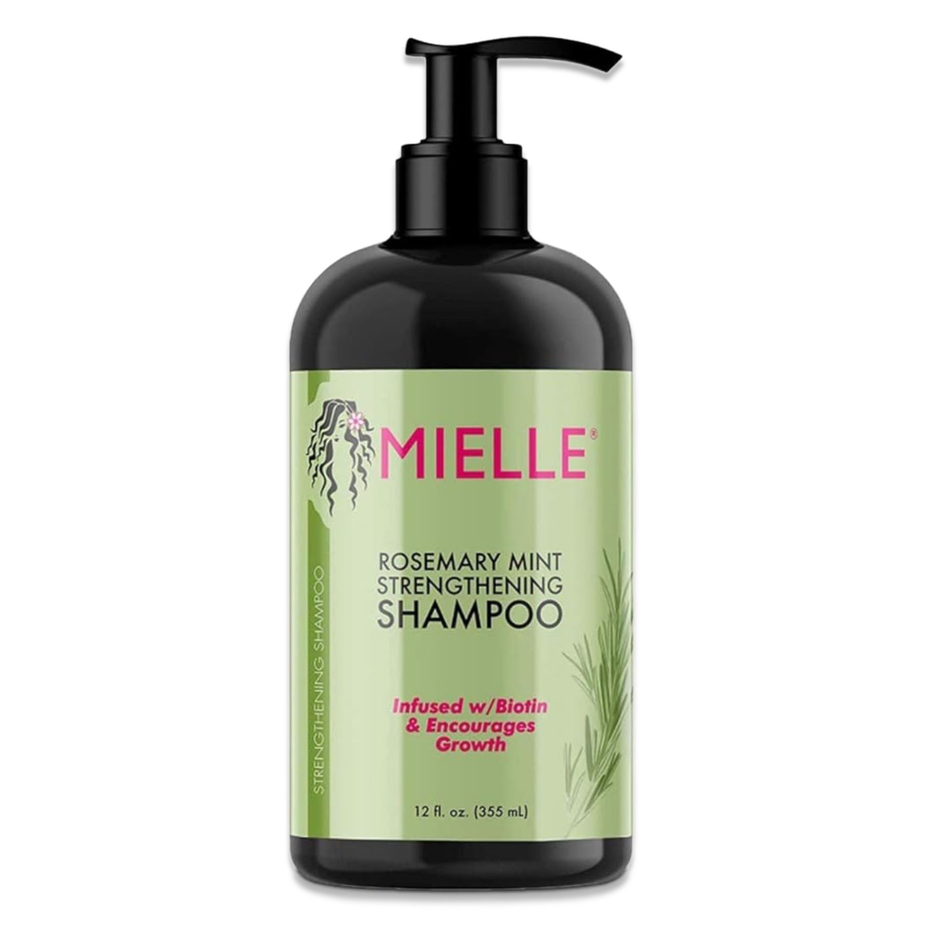 Bouteille verte avec bouchon pompe noir. Texte: Mielle, Rosemary Mint Strengthening Shampoo. 12 fl oz (355 ml).