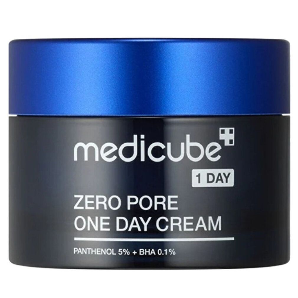 Medicube Zero Pore One Day Cream in zwarte pot met blauwe dop. Bevat panthenol en BHA.