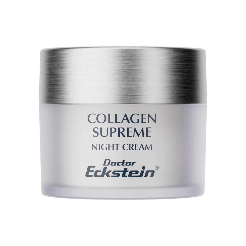 Crèmepot met zilverkleurig deksel. Opschrift: Collagen Supreme Night Cream, Doctor Eckstein.